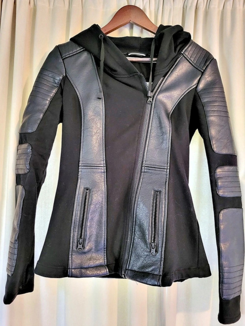 Blanc Noir Asym Vegan Leather Hooded Moto Jacket Black Small